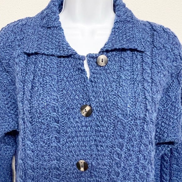 Aran Crafts Ireland Womens Blue 100% Merino Wool Chunky Knit Cardigan Size S - Picture 3 of 8